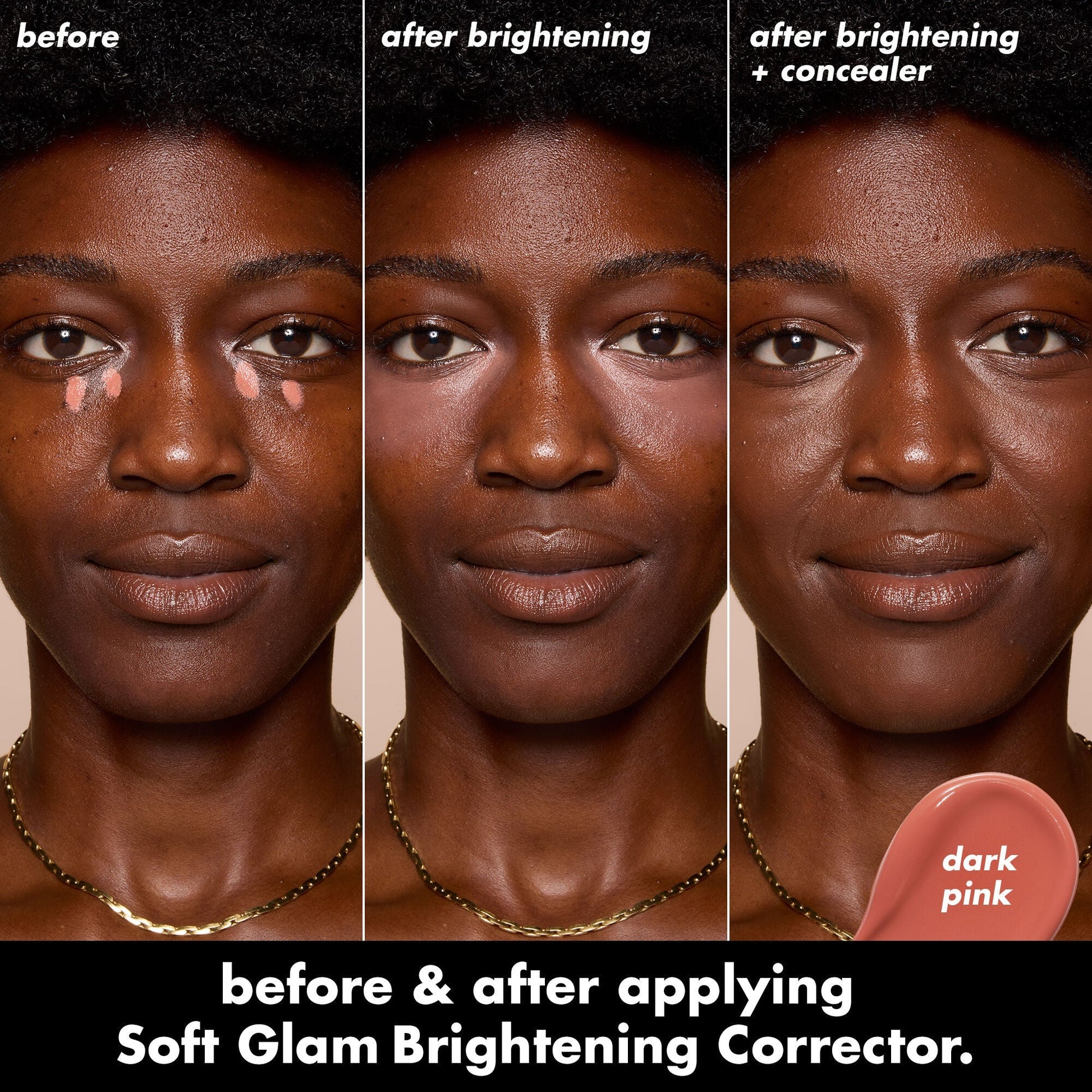 Before and After Applying Dark Pink Brightening Corrector and Corrector and Concealer