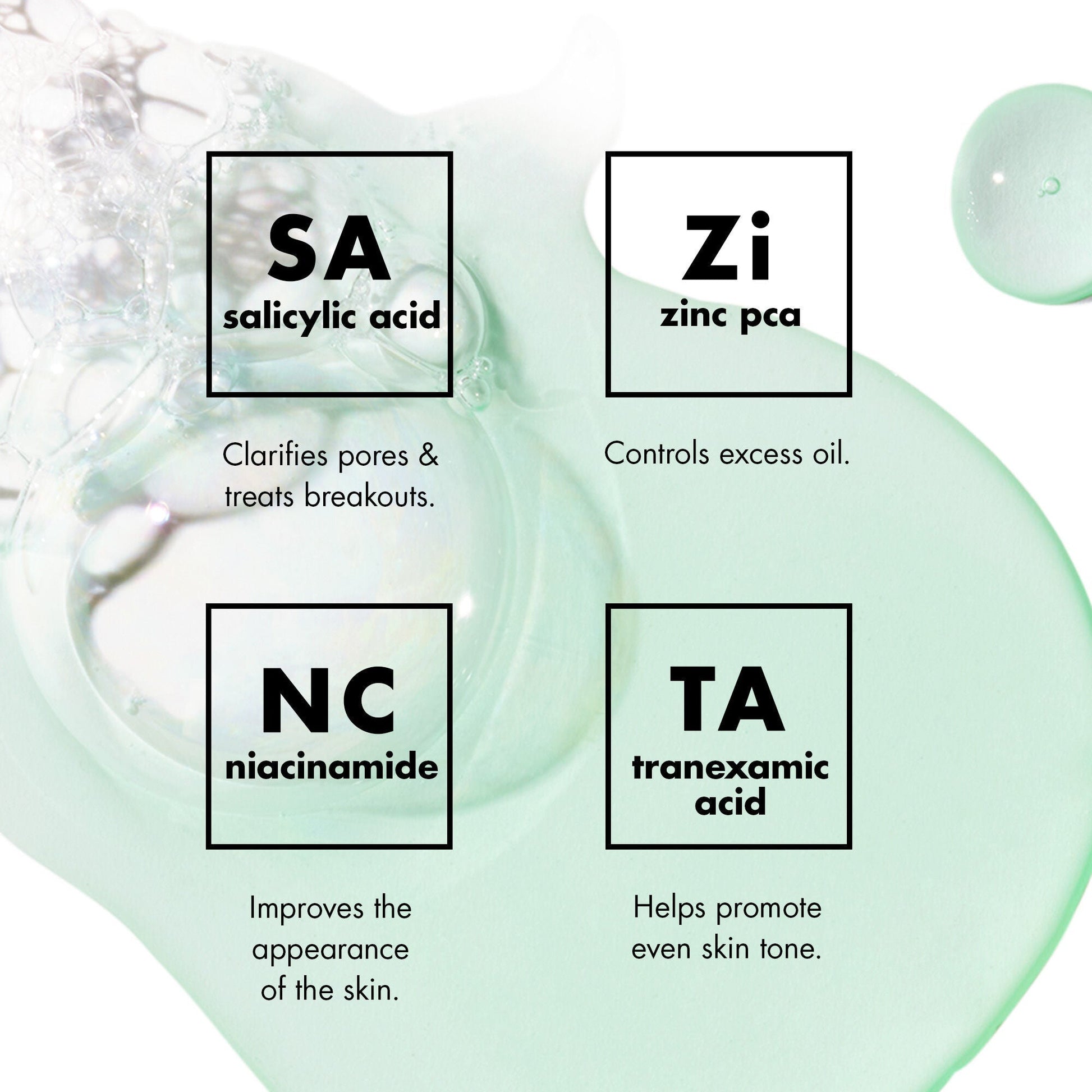 Blemish Breakthrough Acne Clarifying Cleanser ingredient chart with salicylic acid, zinc PCA, niacinamide, and tranexamic acid 